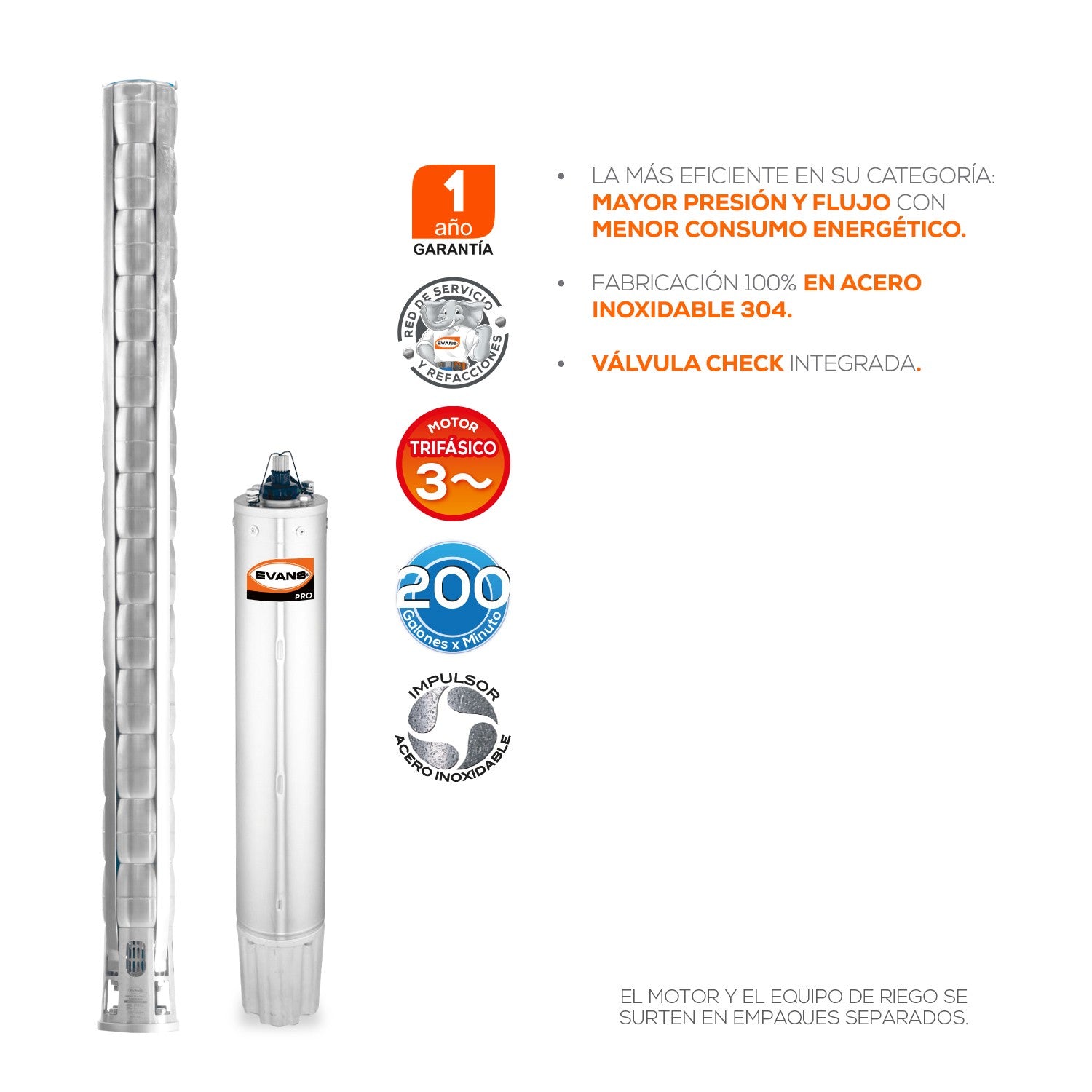 EQUIPO DE RIEGO SUMERGIBLE INOX TRIFÁSICA 200GPM 60.0HP 440V - SD6200ME6000HI
