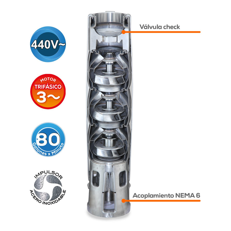 EQUIPO DE RIEGO SUMERGIBLE INOX TRIFÁSICA 80GPM 20.0HP 440V - SD680ME2000HI