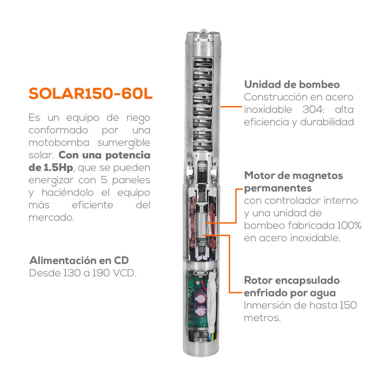 BOMBA DE 5 PÁNELES SOLARES 1.5HP 60LPM - SOLAR150-60L